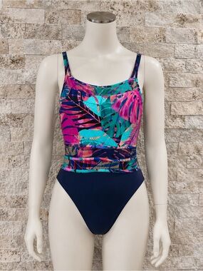 Christina Tropical Print Navy One-Piece with Pink & Teal Leaves size 10